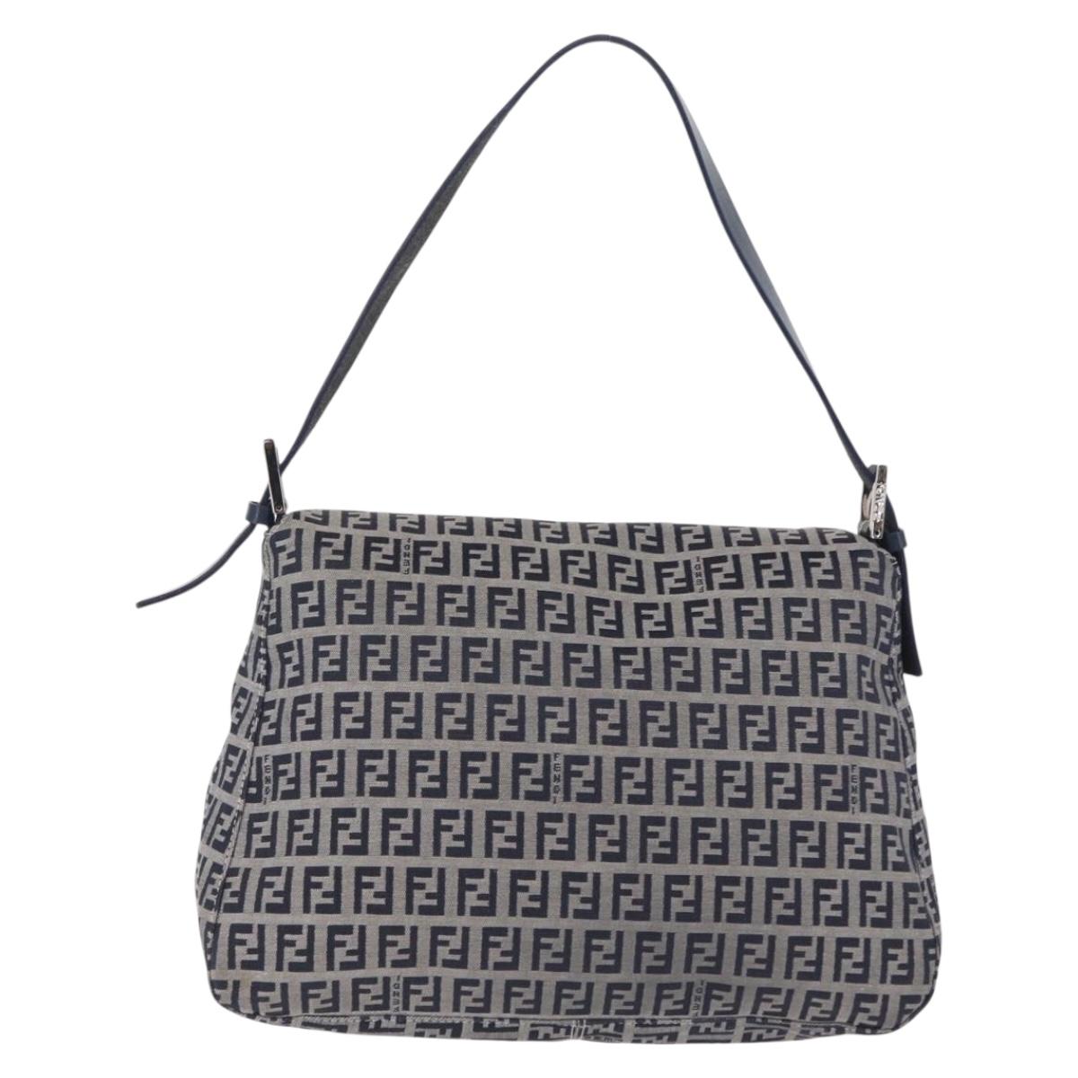 FENDI Zucchino Canvas Mamma Baguette Shoulder Bag Navy Silver Auth mr3148V