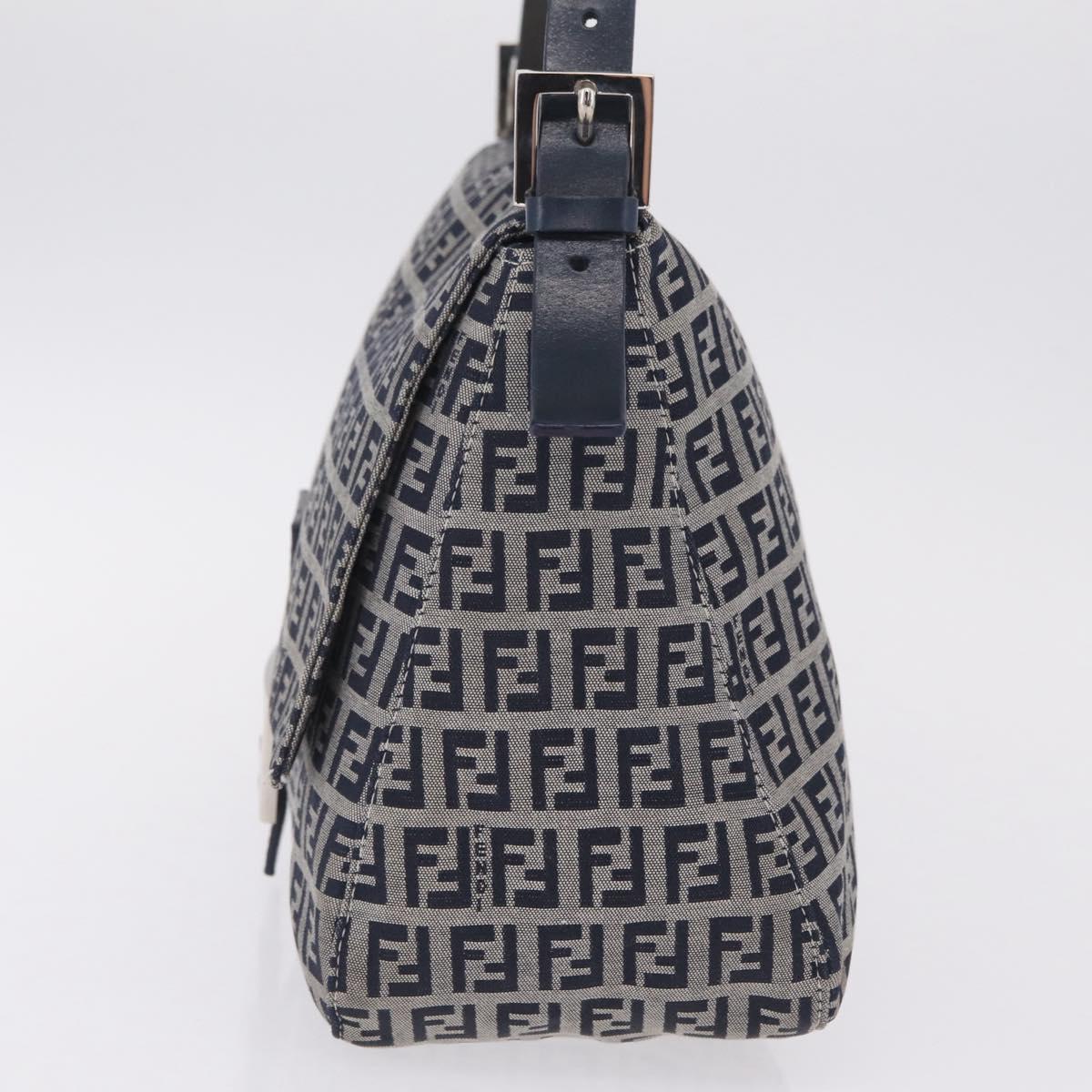 FENDI Zucchino Canvas Mamma Baguette Shoulder Bag Navy Silver Auth mr3148V