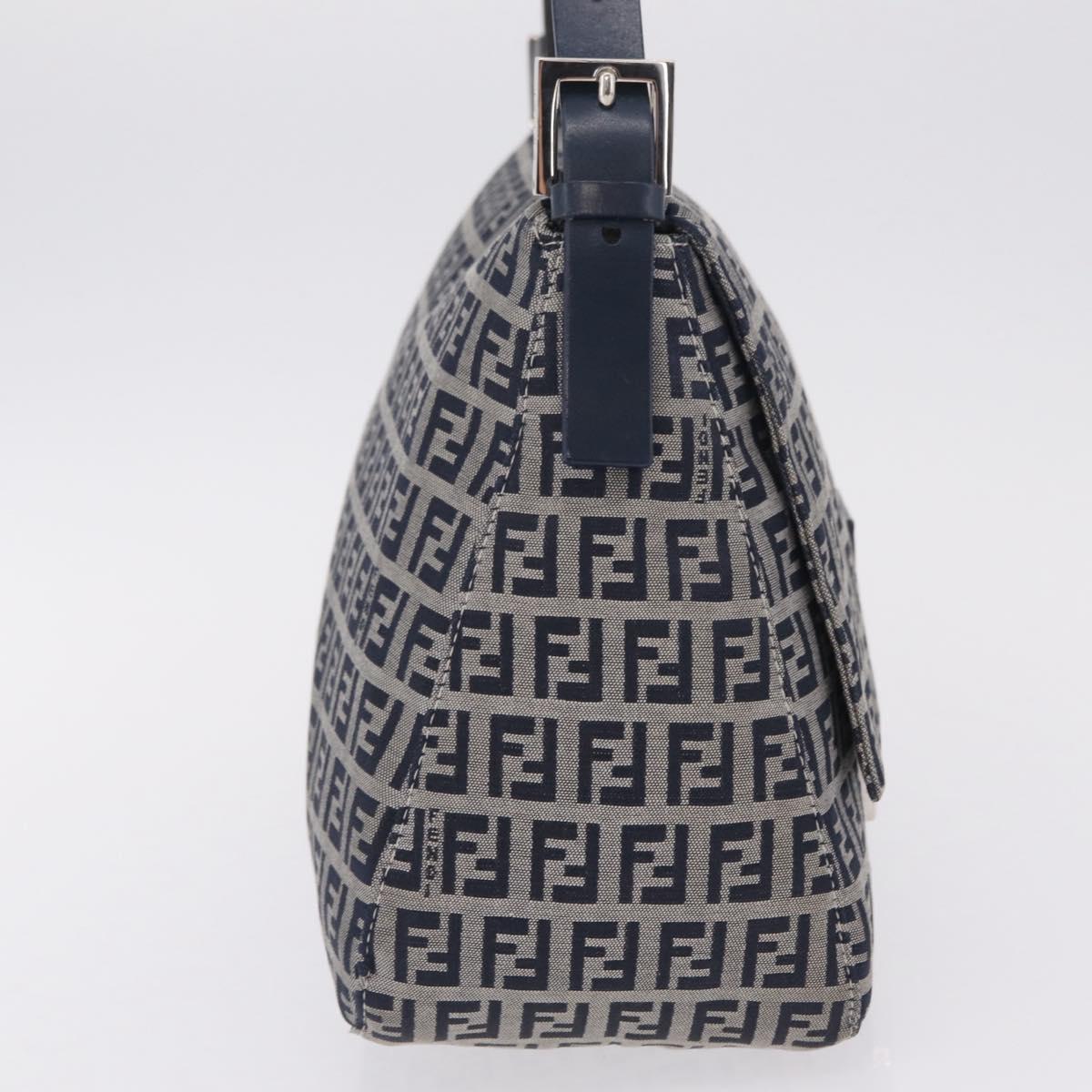FENDI Zucchino Canvas Mamma Baguette Shoulder Bag Navy Silver Auth mr3148V