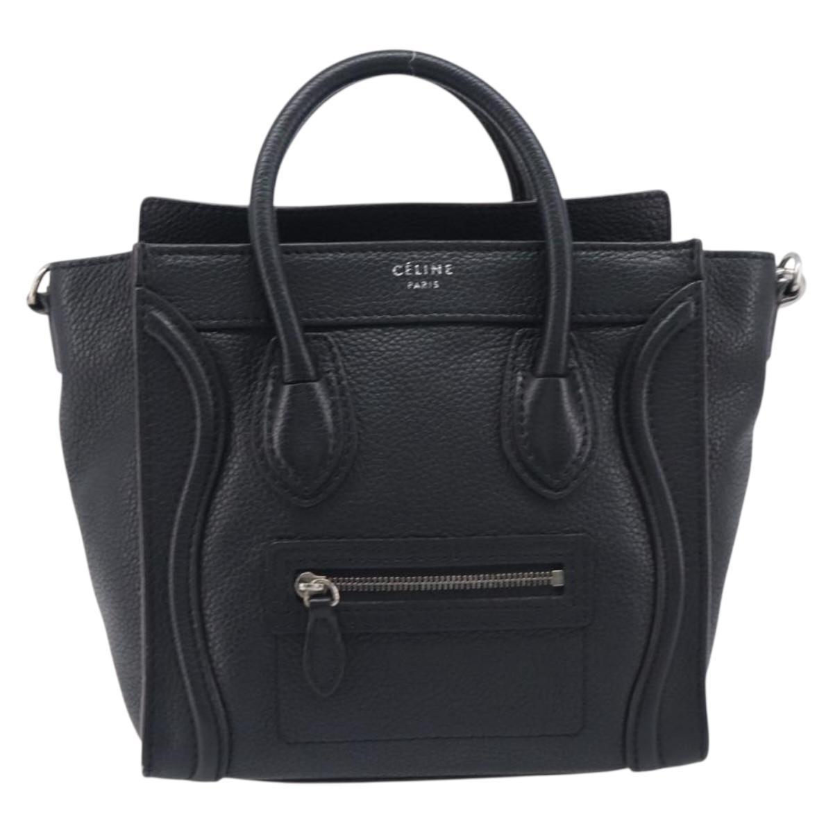 CELINE Luggage Nano Shopper Hand Bag Leather 2way Black Silver Auth mr3149V