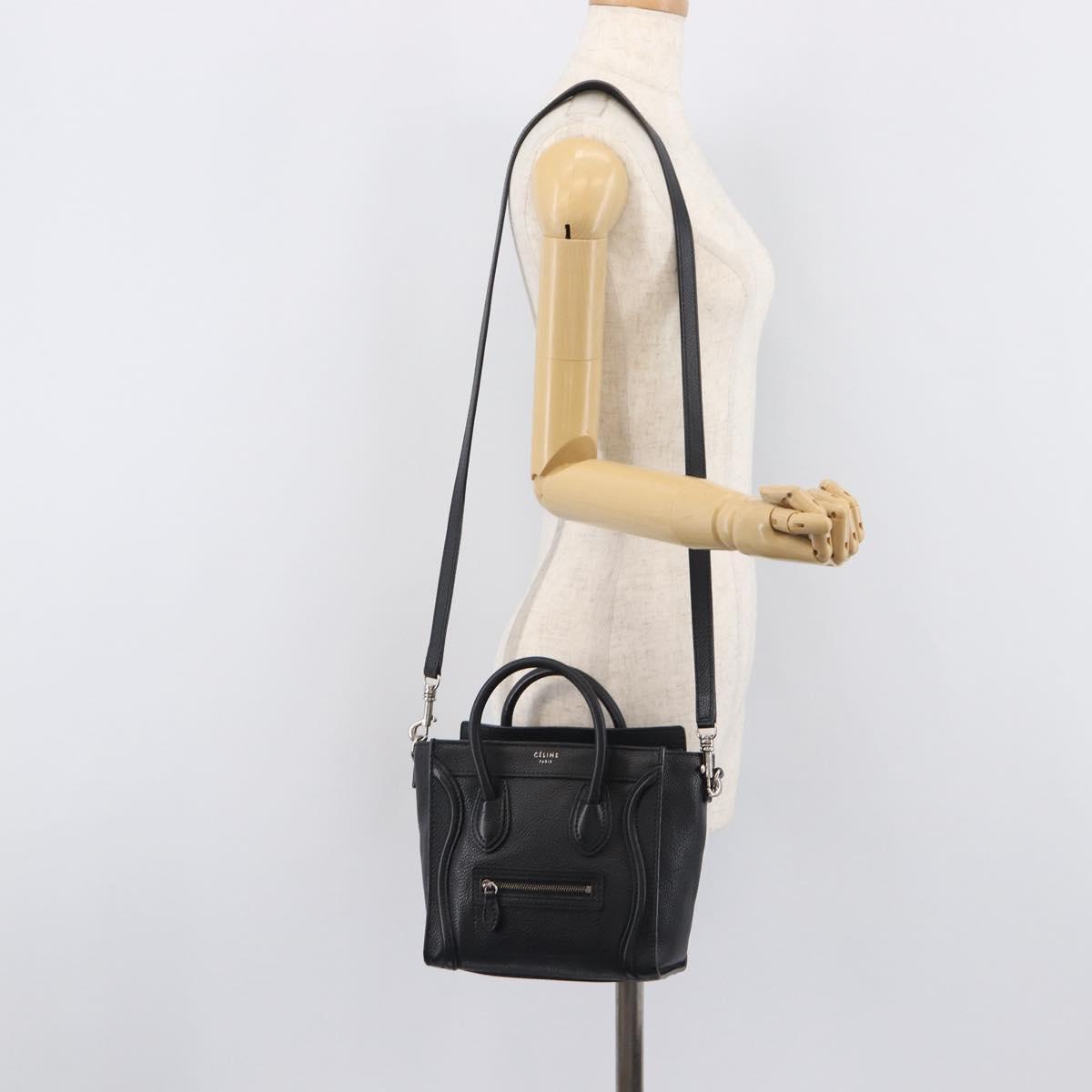 CELINE Luggage Nano Shopper Hand Bag Leather 2way Black Silver Auth mr3149V