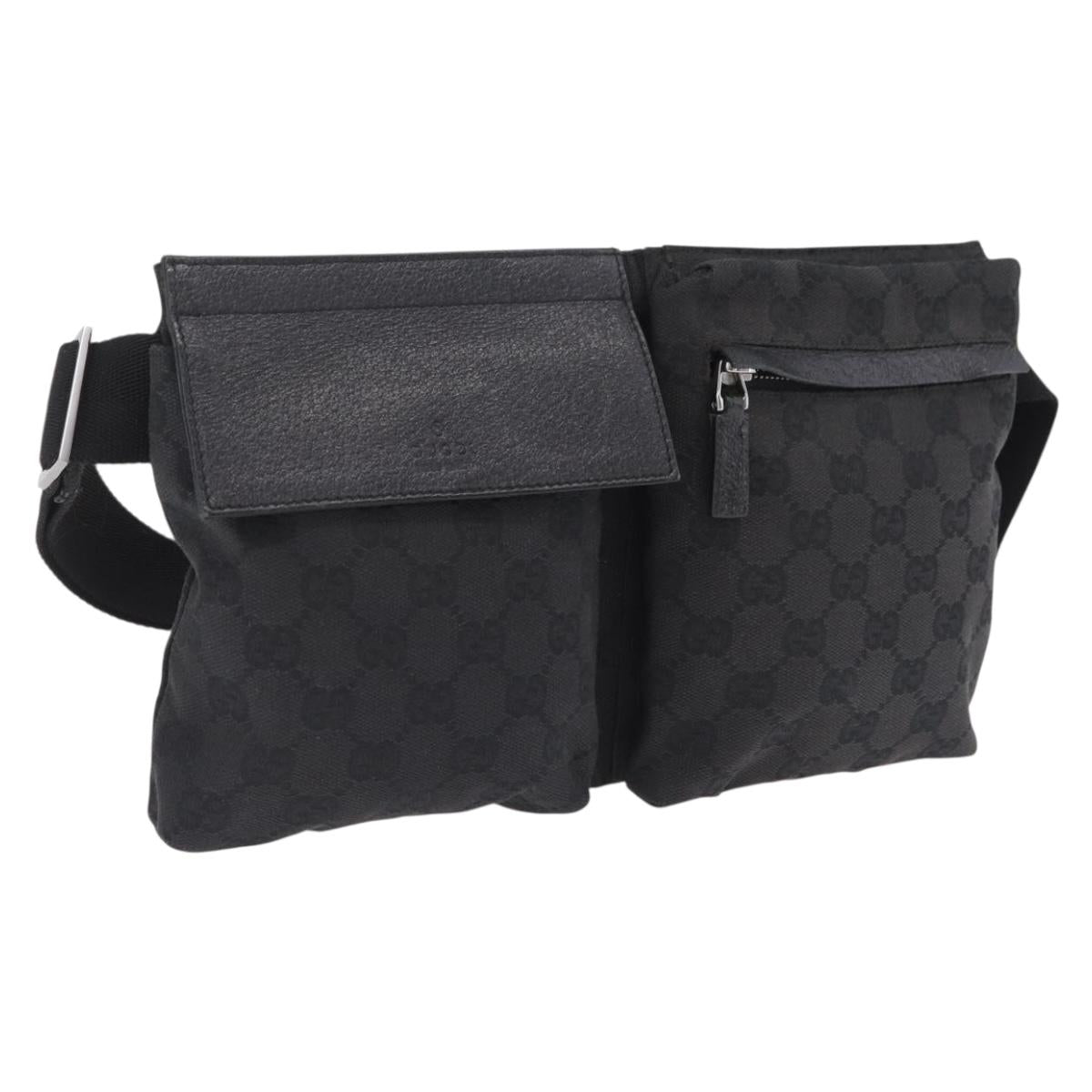 GUCCI GG Canvas Waist bag Black Silver 28566 Auth mr3150A