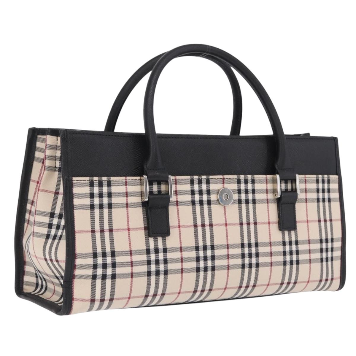 BURBERRY Nova Check Hand Bag Canvas Beige Silver Auth mr3151