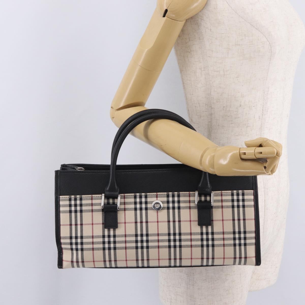 BURBERRY Nova Check Hand Bag Canvas Beige Silver Auth mr3151