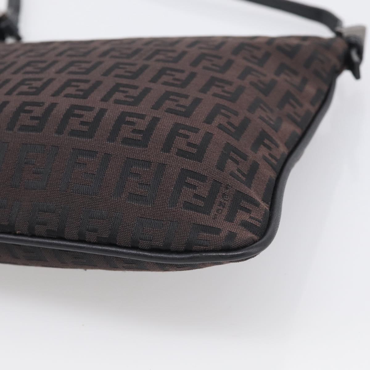 FENDI Zucchino Canvas Shoulder Bag Dark Brown Silver Auth mr3155