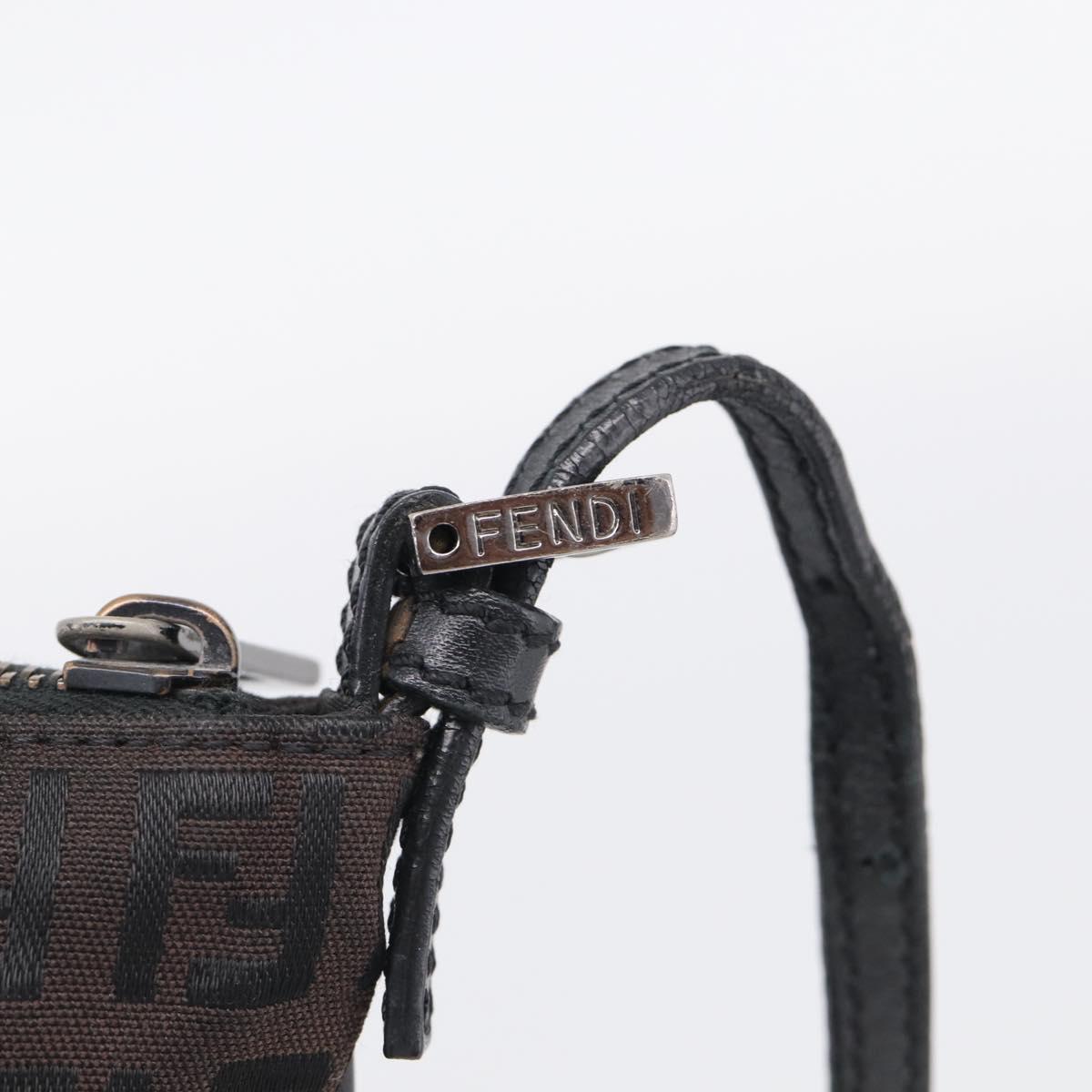 FENDI Zucchino Canvas Shoulder Bag Dark Brown Silver Auth mr3155