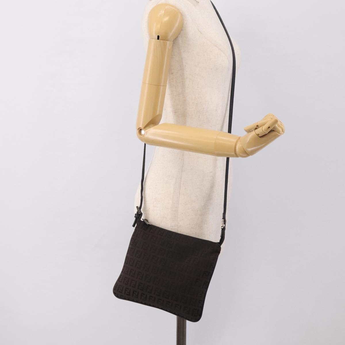 FENDI Zucchino Canvas Shoulder Bag Dark Brown Silver Auth mr3155