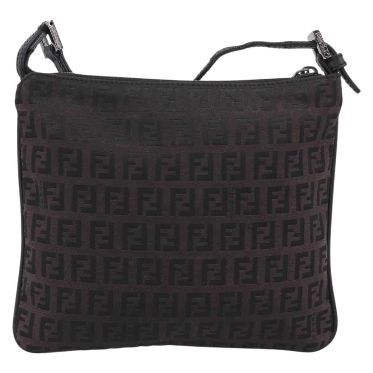 FENDI Zucchino Canvas Shoulder Bag Dark Brown Silver Auth mr3155