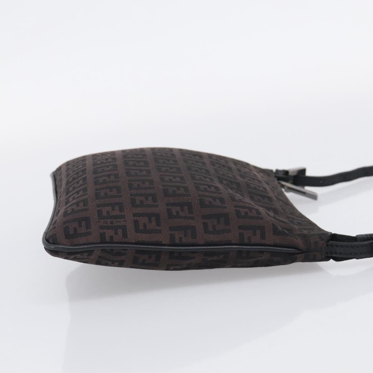 FENDI Zucchino Canvas Shoulder Bag Dark Brown Silver Auth mr3155