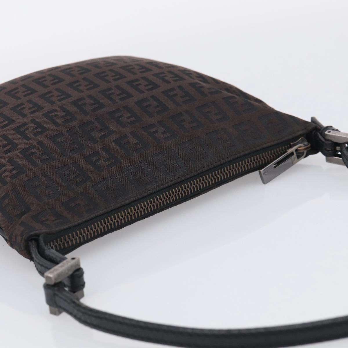 FENDI Zucchino Canvas Shoulder Bag Dark Brown Silver Auth mr3155