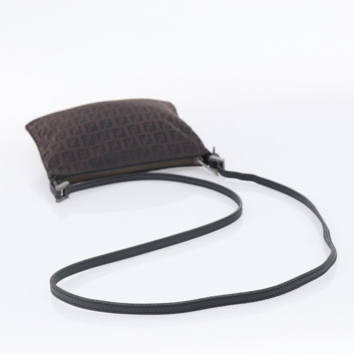 FENDI Zucchino Canvas Shoulder Bag Dark Brown Silver Auth mr3155