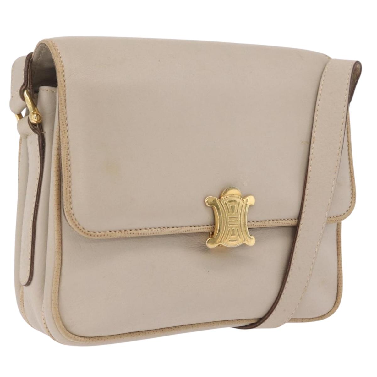 CELINE Shoulder Bag Leather Beige Gold Auth mr3163