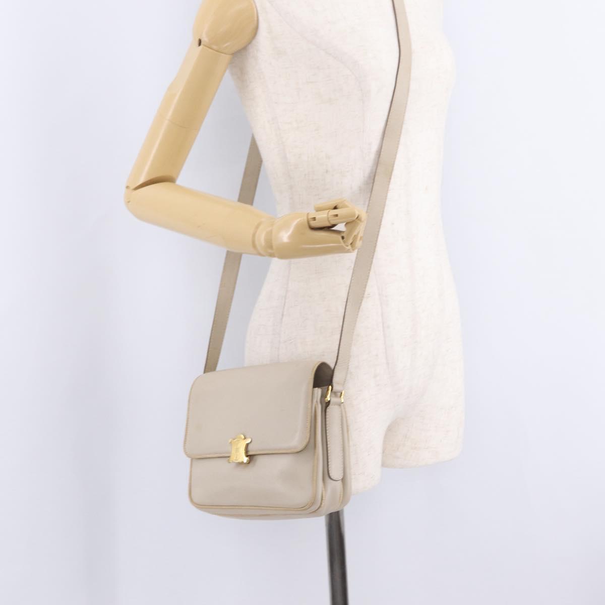 CELINE Shoulder Bag Leather Beige Gold Auth mr3163