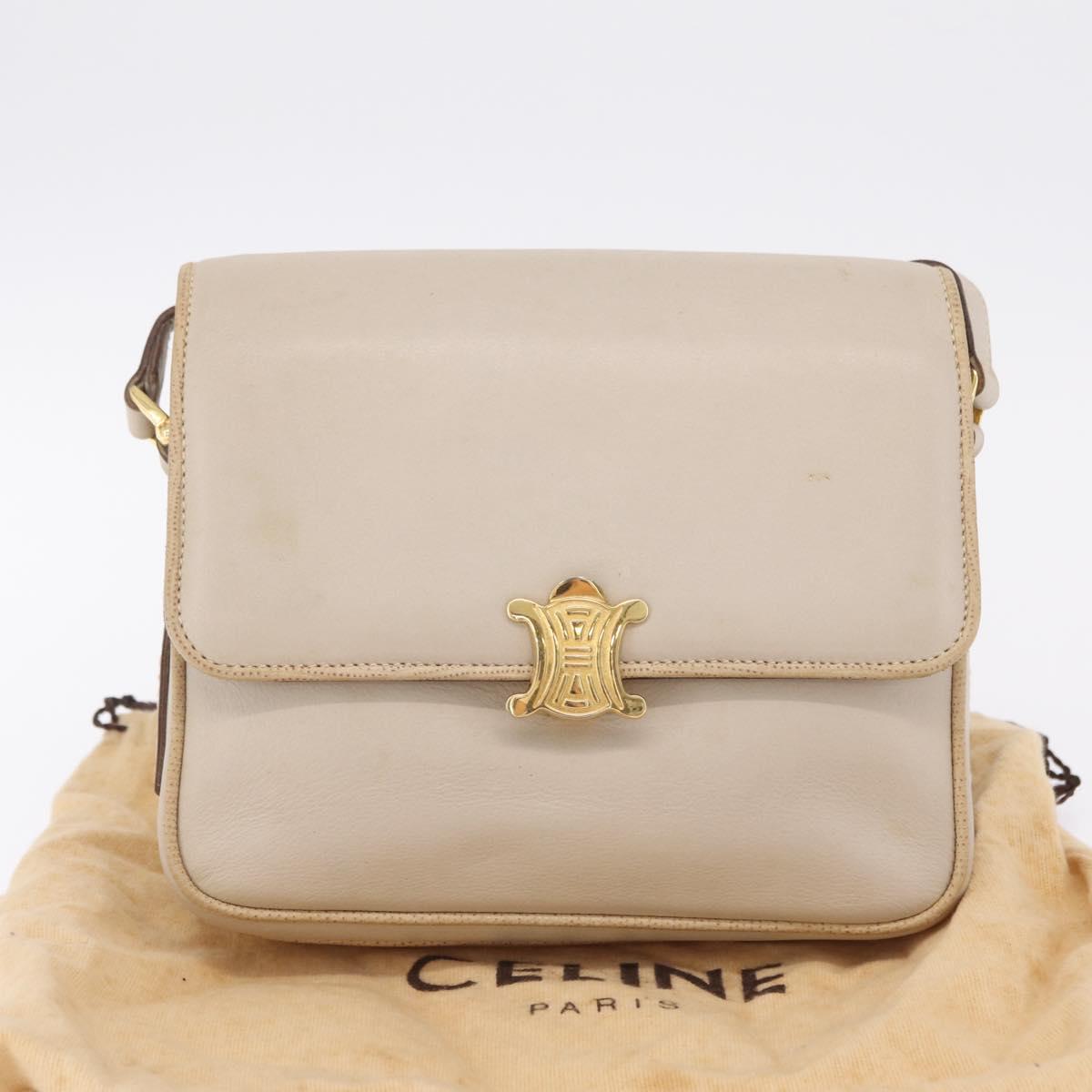 CELINE Shoulder Bag Leather Beige Gold Auth mr3163
