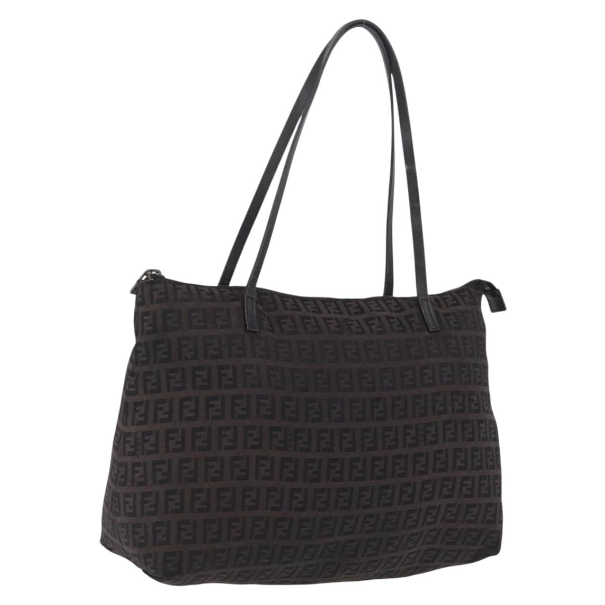 FENDI Zucchino Canvas Tote Bag Brown Silver Auth mr3171