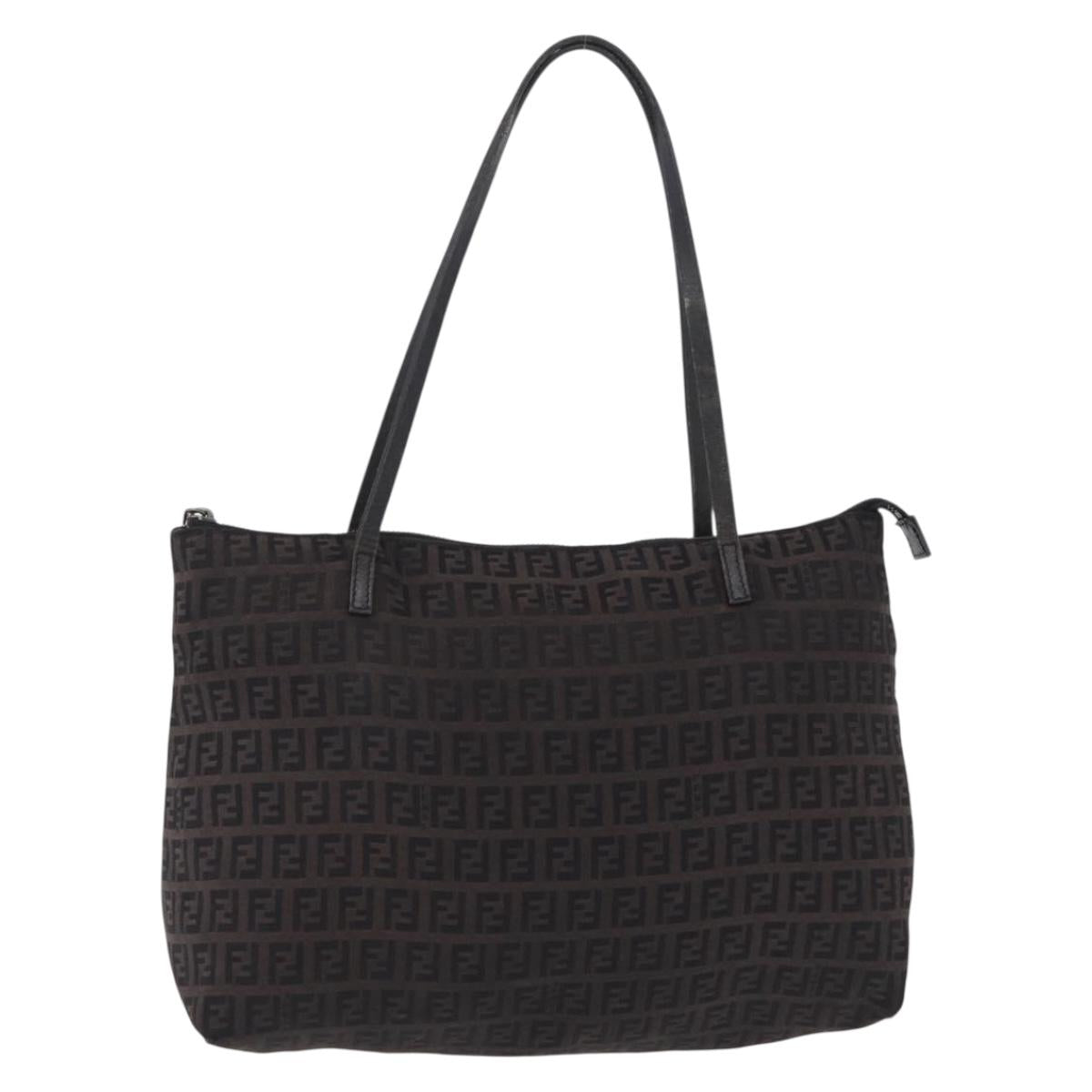 FENDI Zucchino Canvas Tote Bag Brown Silver Auth mr3171