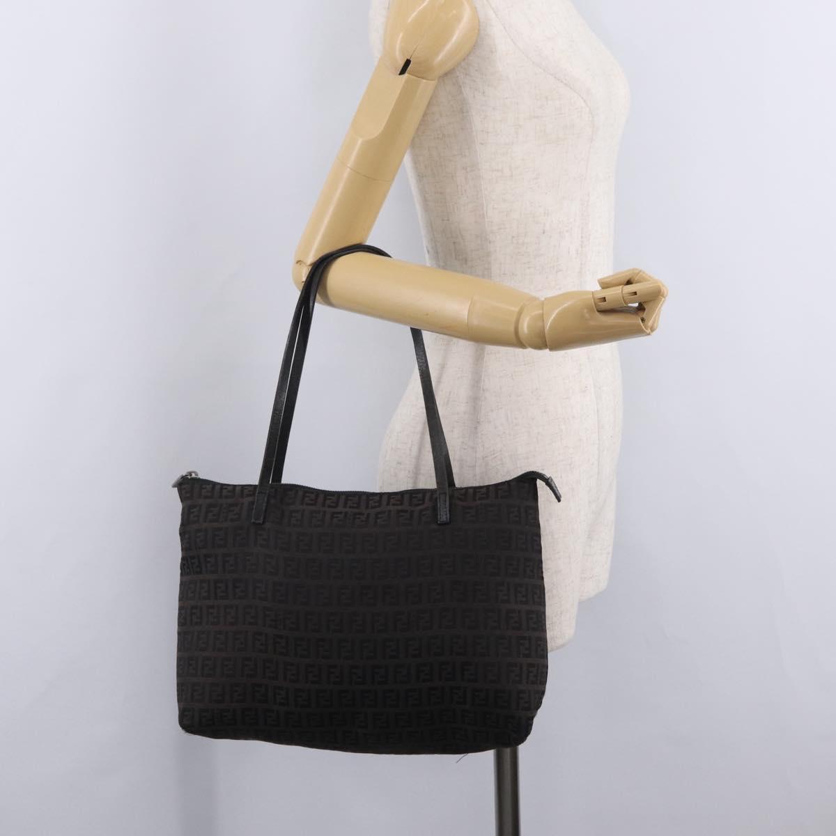FENDI Zucchino Canvas Tote Bag Brown Silver Auth mr3171