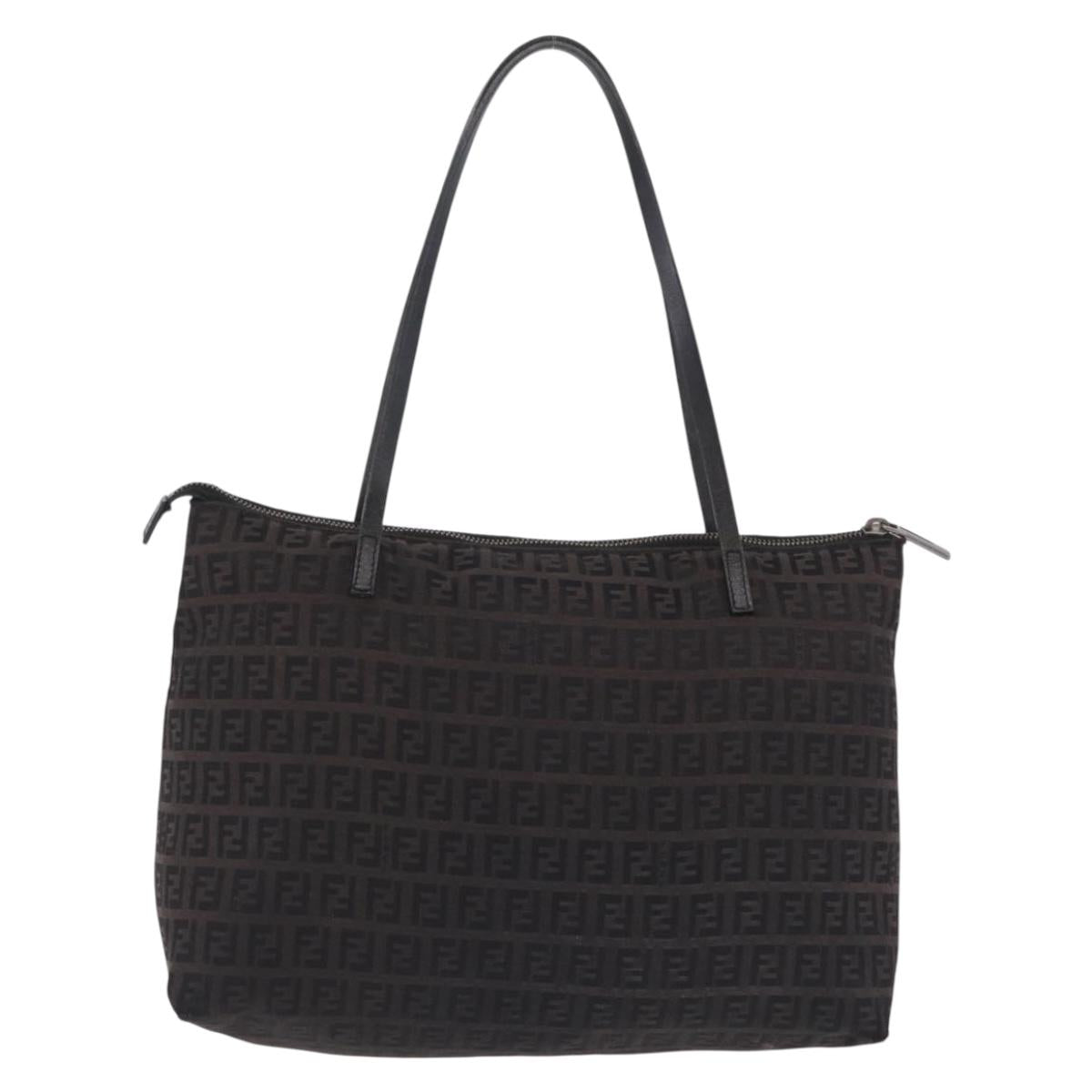 FENDI Zucchino Canvas Tote Bag Brown Silver Auth mr3171