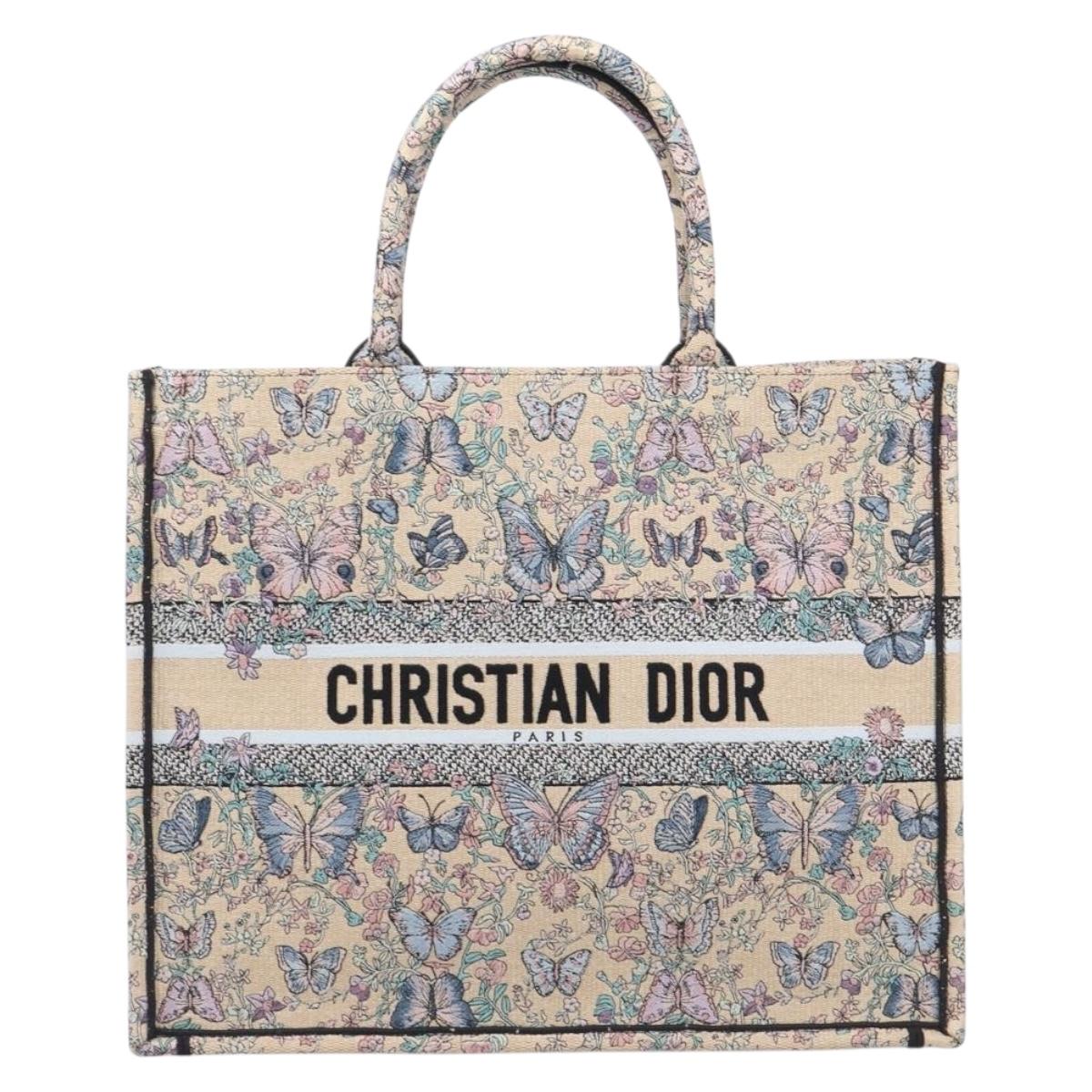 Christian Dior Book Tote Butterfly Hand Bag Canvas Beige Auth mr3224V