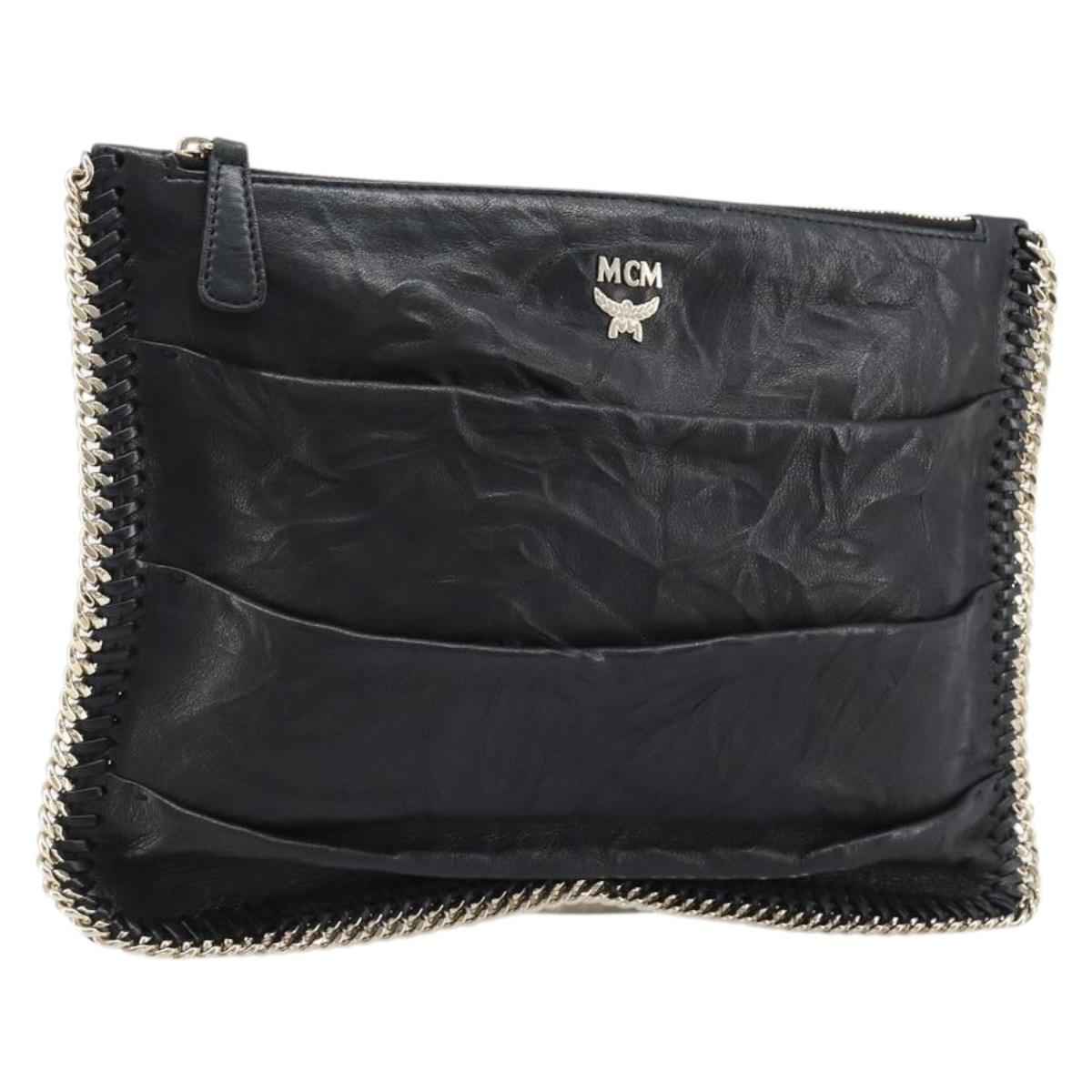 MCM Clutch Bag Leather Black Gold Auth mr3274A