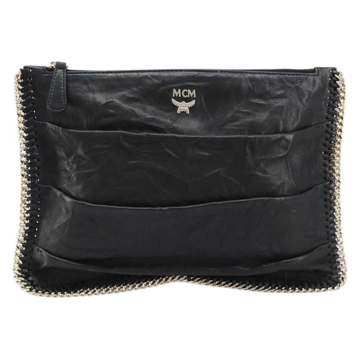 MCM Clutch Bag Leather Black Gold Auth mr3274A