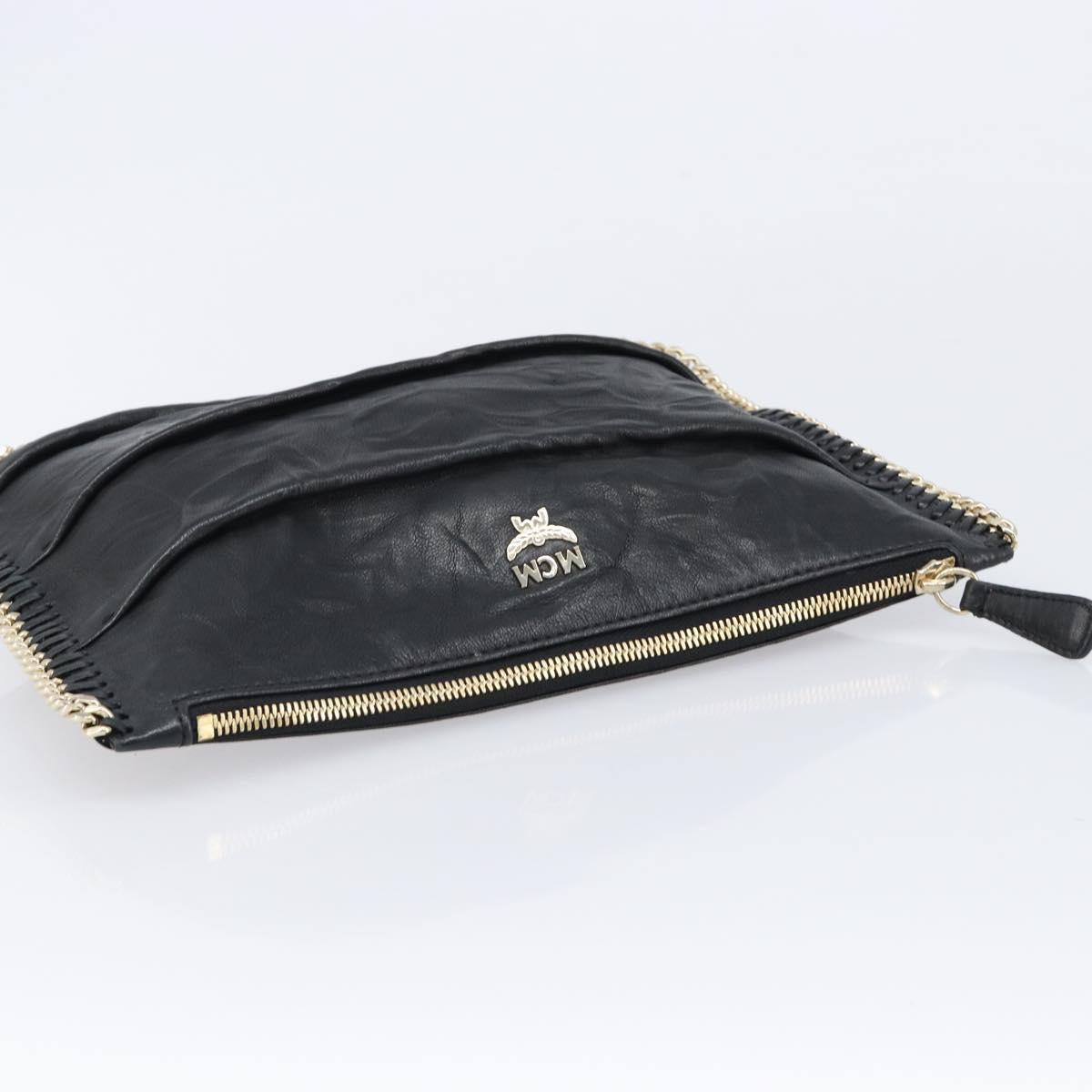 MCM Clutch Bag Leather Black Gold Auth mr3274A