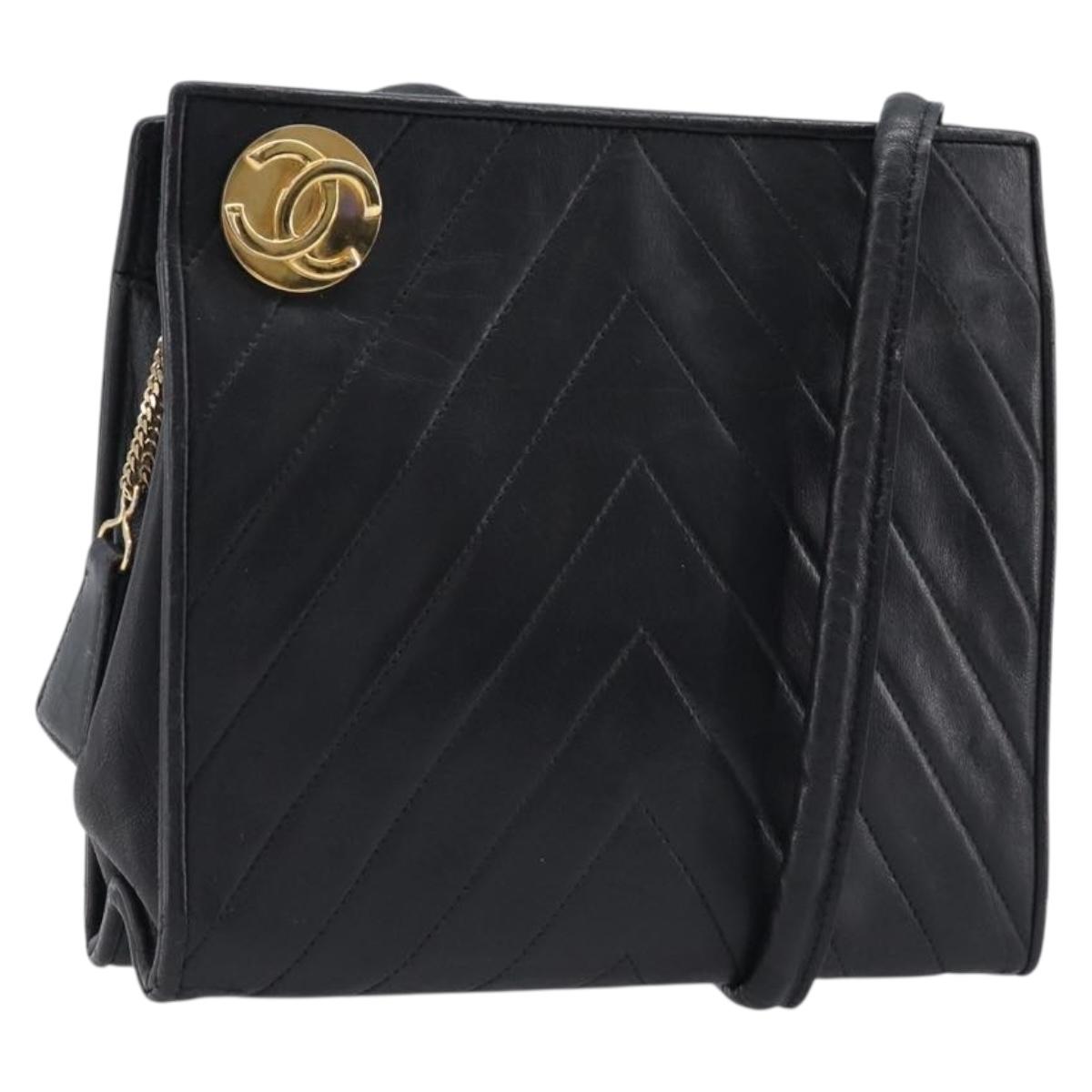 CHANEL V Stitch Shoulder Bag Lamb Skin Black Gold CC Auth mr3288A