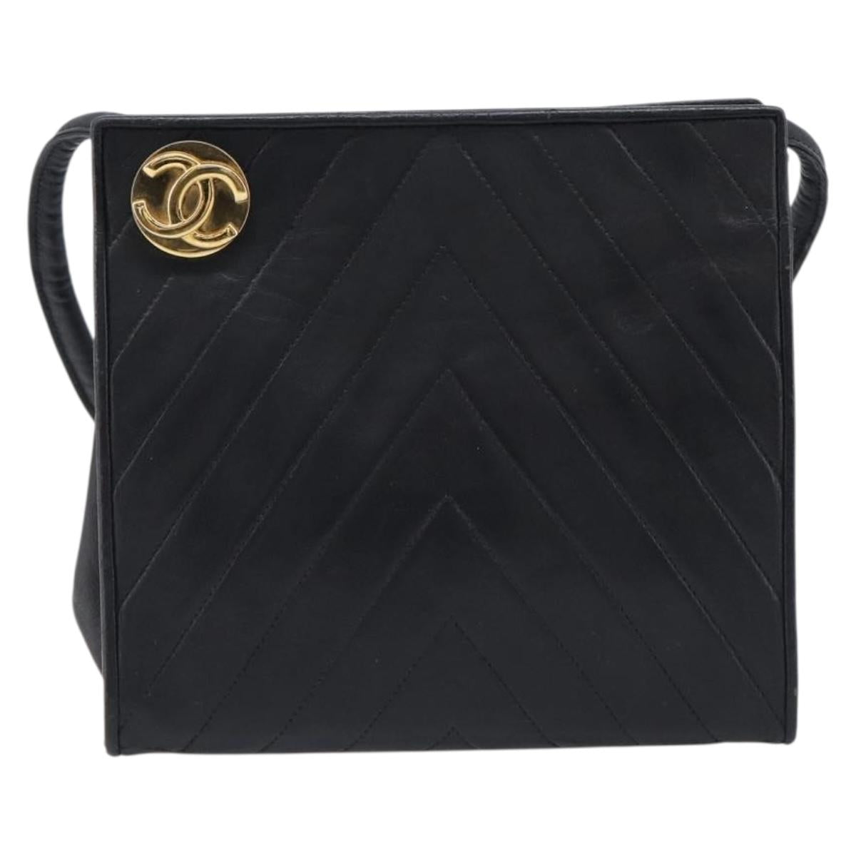 CHANEL V Stitch Shoulder Bag Lamb Skin Black Gold CC Auth mr3288A