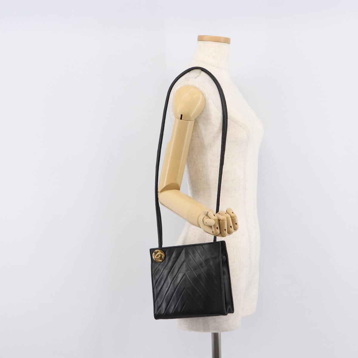 CHANEL V Stitch Shoulder Bag Lamb Skin Black Gold CC Auth mr3288A