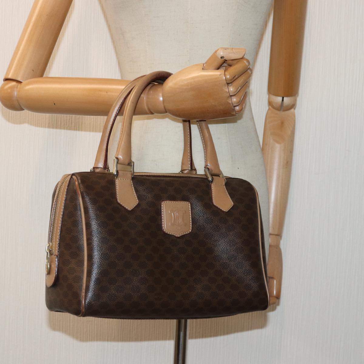 CELINE Macadam Canvas Hand Bag PVC Leather Brown Gold Auth mr404