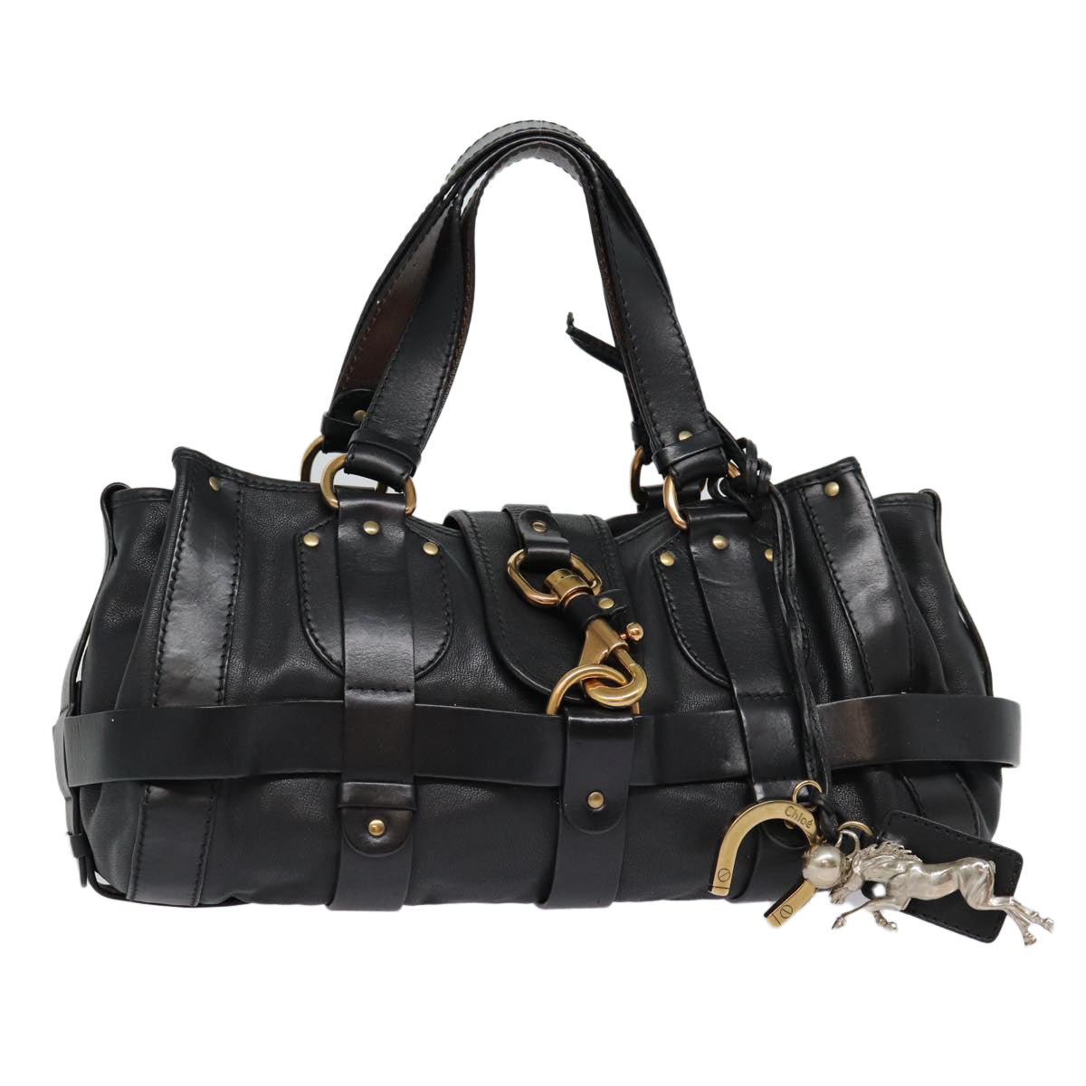 Chloe Kerala Horse Hand Bag Leather Black Gold Auth mr416