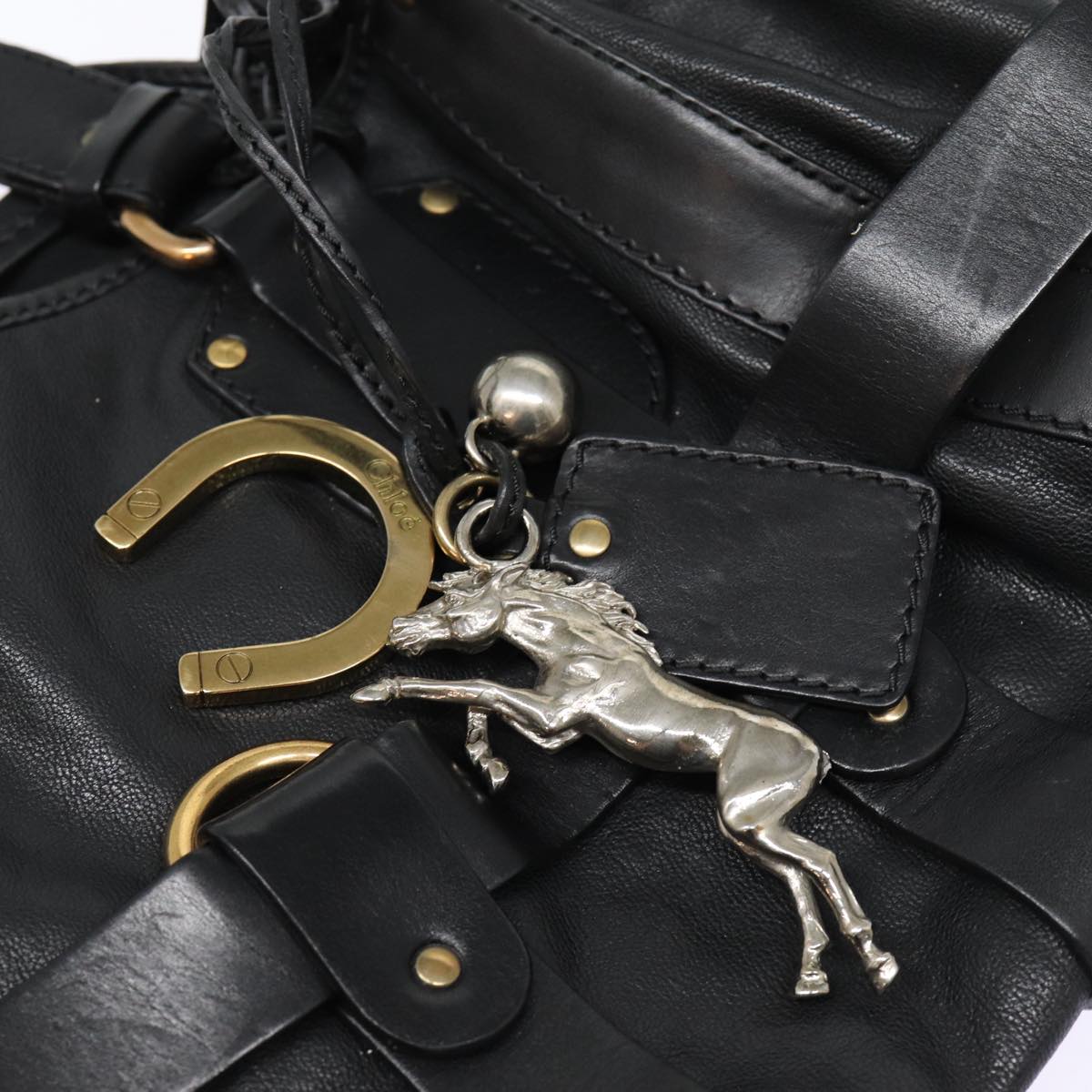 Chloe Kerala Horse Hand Bag Leather Black Gold Auth mr416