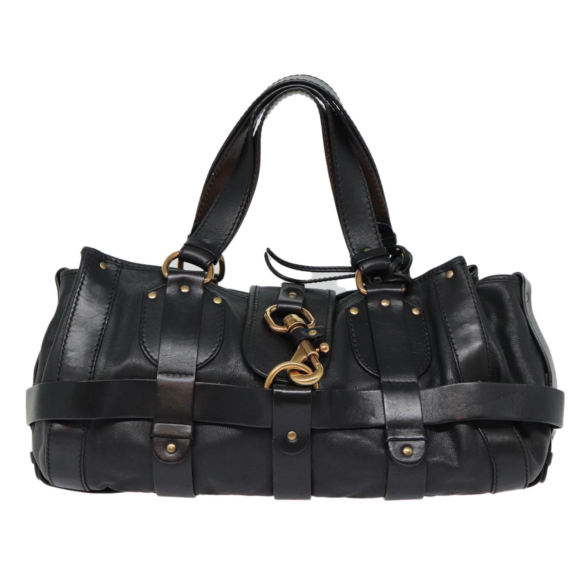 Chloe Kerala Horse Hand Bag Leather Black Gold Auth mr416