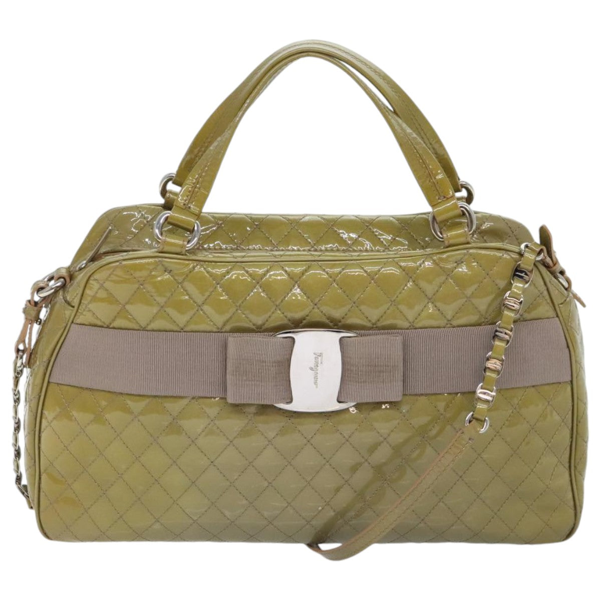 Salvatore Ferragamo Hand Bag Enamel 2way Khaki Silver Auth mr494