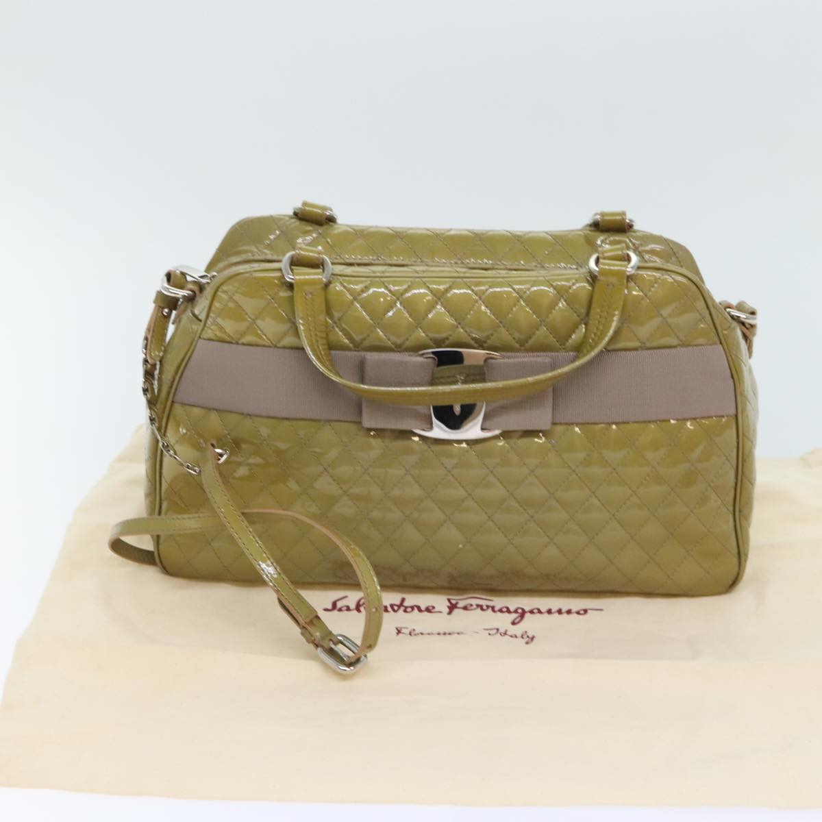 Salvatore Ferragamo Hand Bag Enamel 2way Khaki Silver Auth mr494