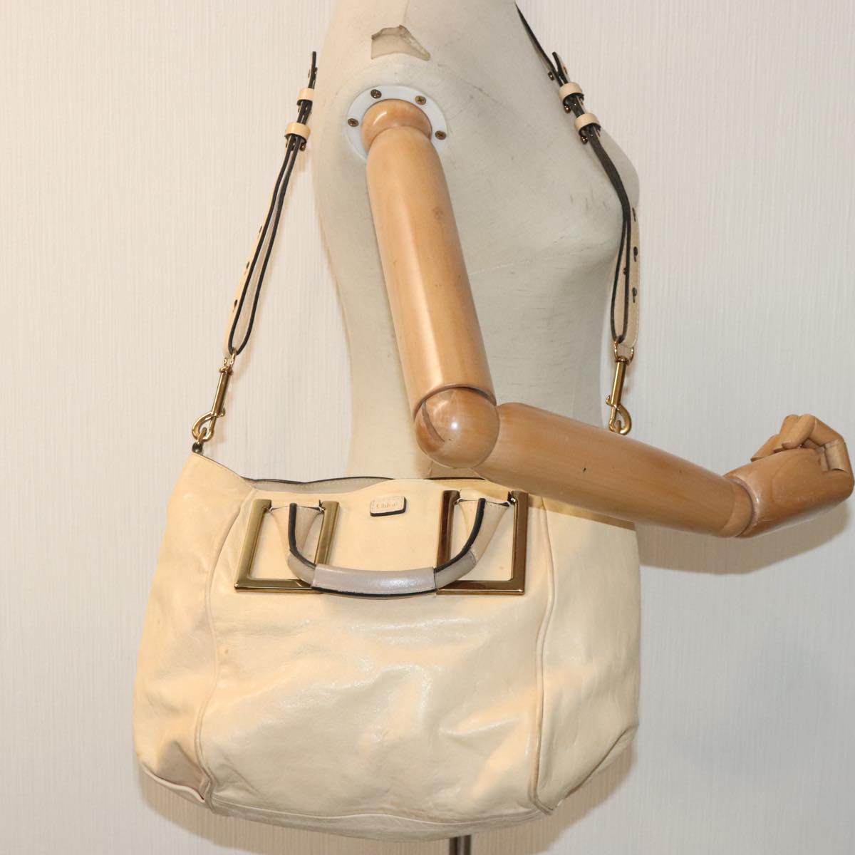 Chloe Etel Hand Bag Leather 2way Beige Gold Auth mr500