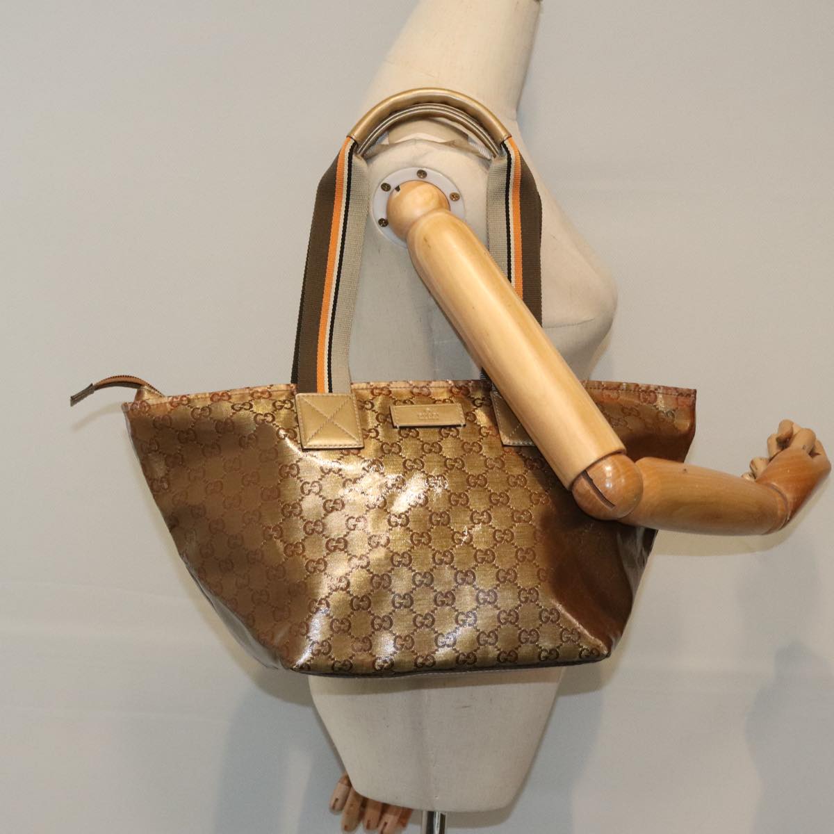 GUCCI GG Crystal Sherry Line Hand Bag Gray Gold Brown 131230 Auth mr508