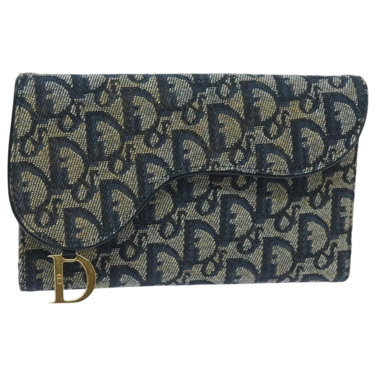 Christian Dior Trotter Canvas Long Wallet Navy Gold Auth mr536