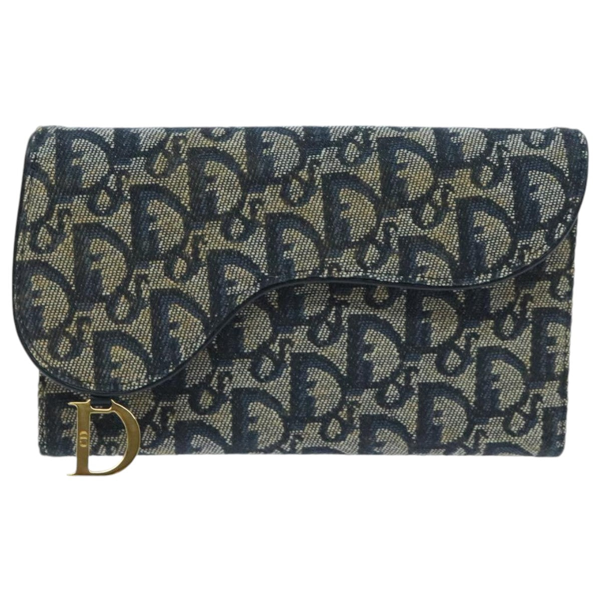 Christian Dior Trotter Canvas Long Wallet Navy Gold Auth mr536