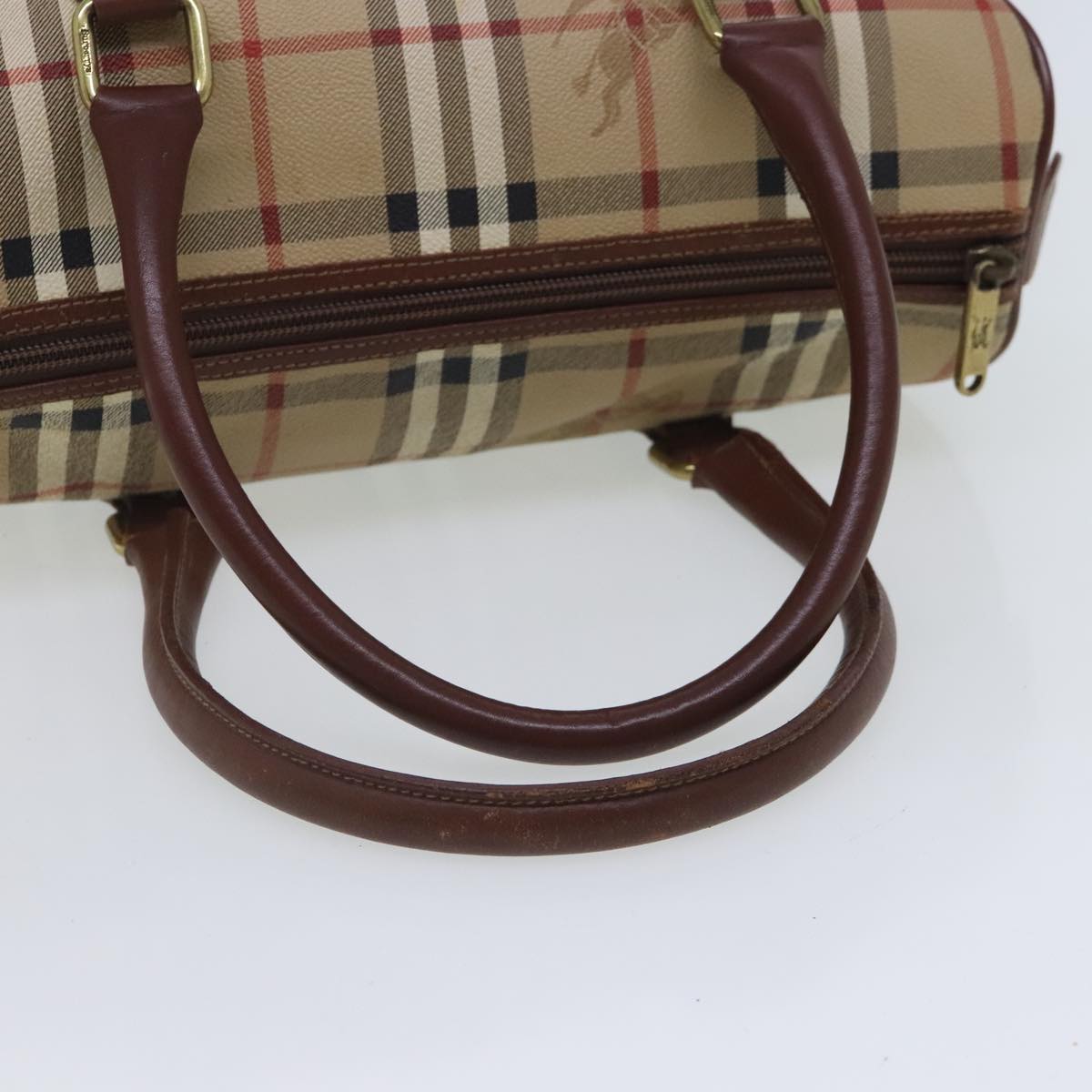 Burberrys Nova Check Boston Bag PVC Leather Beige Brown Gold Auth mr548