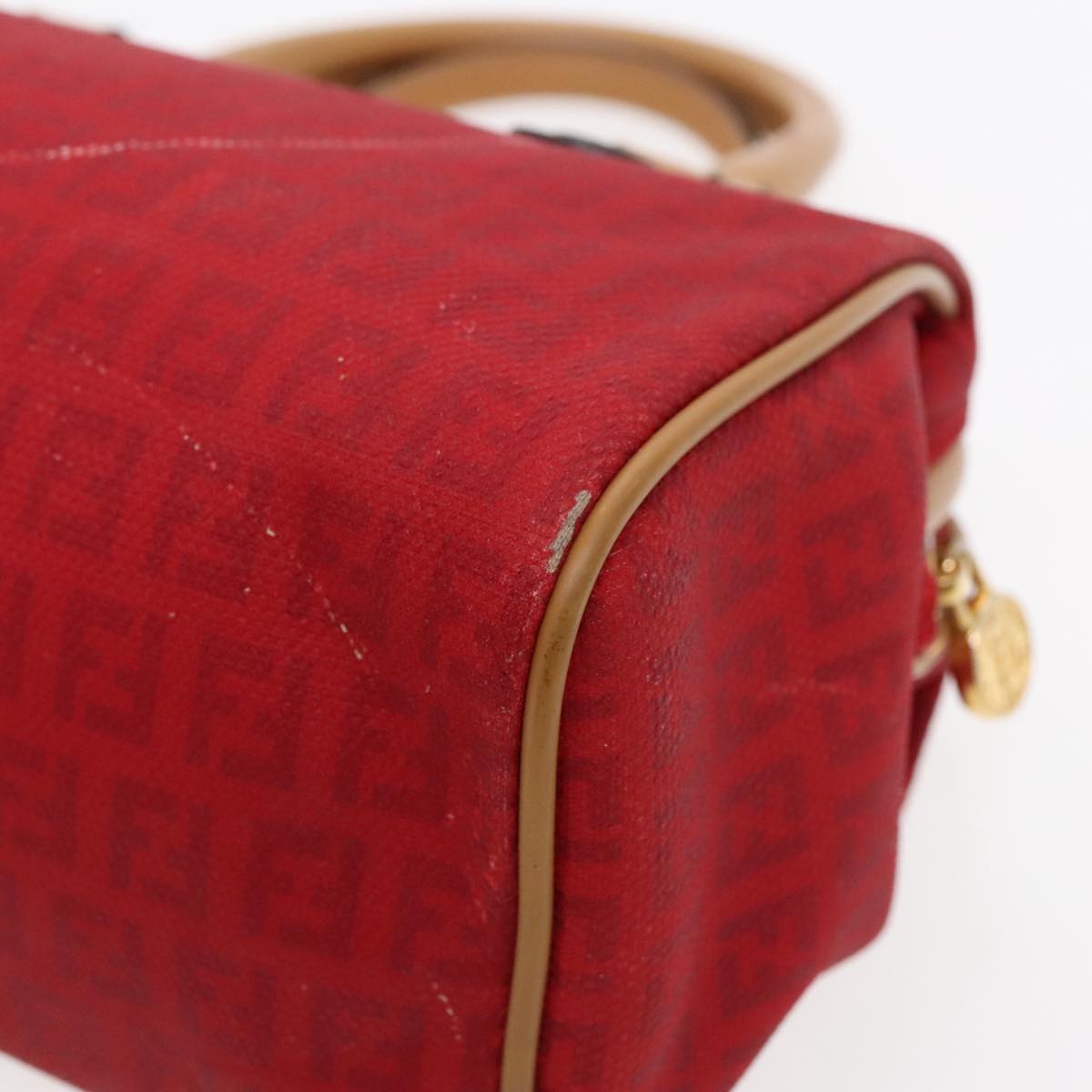 FENDI Zucchino Canvas Hand Bag 2way Red Brown Gold Auth mr568