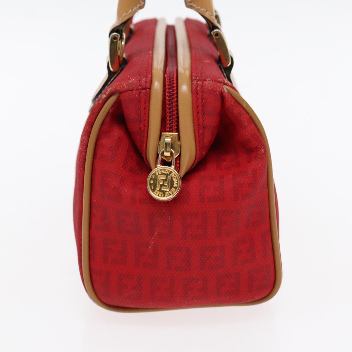 FENDI Zucchino Canvas Hand Bag 2way Red Brown Gold Auth mr568