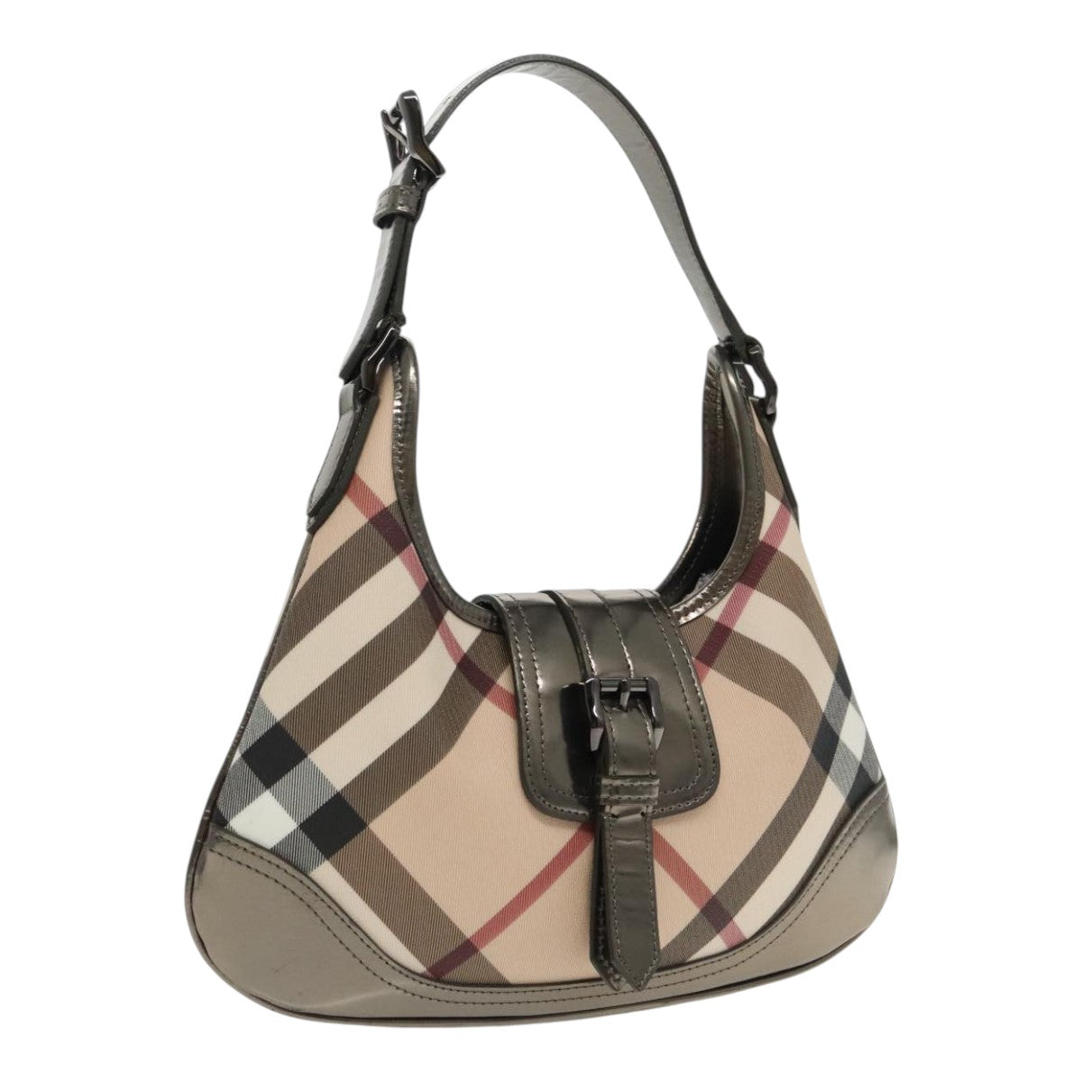 BURBERRY Nova Check Hand Bag PVC Beige Silver Auth mr596