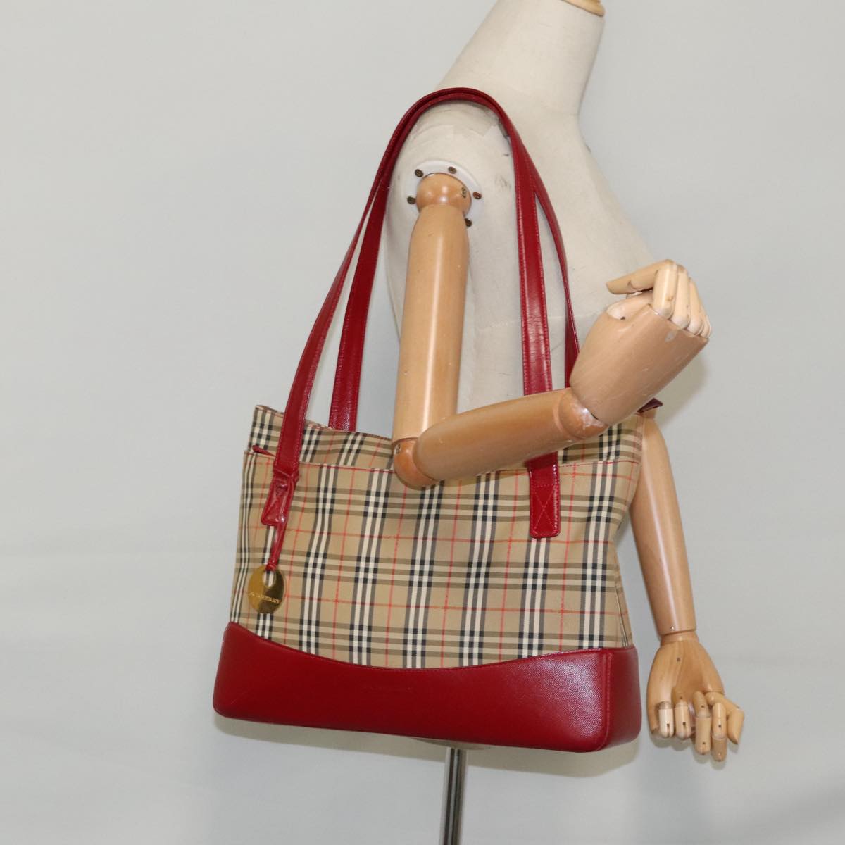 BURBERRY Nova Check Tote Bag Canvas Red Beige Auth mr598