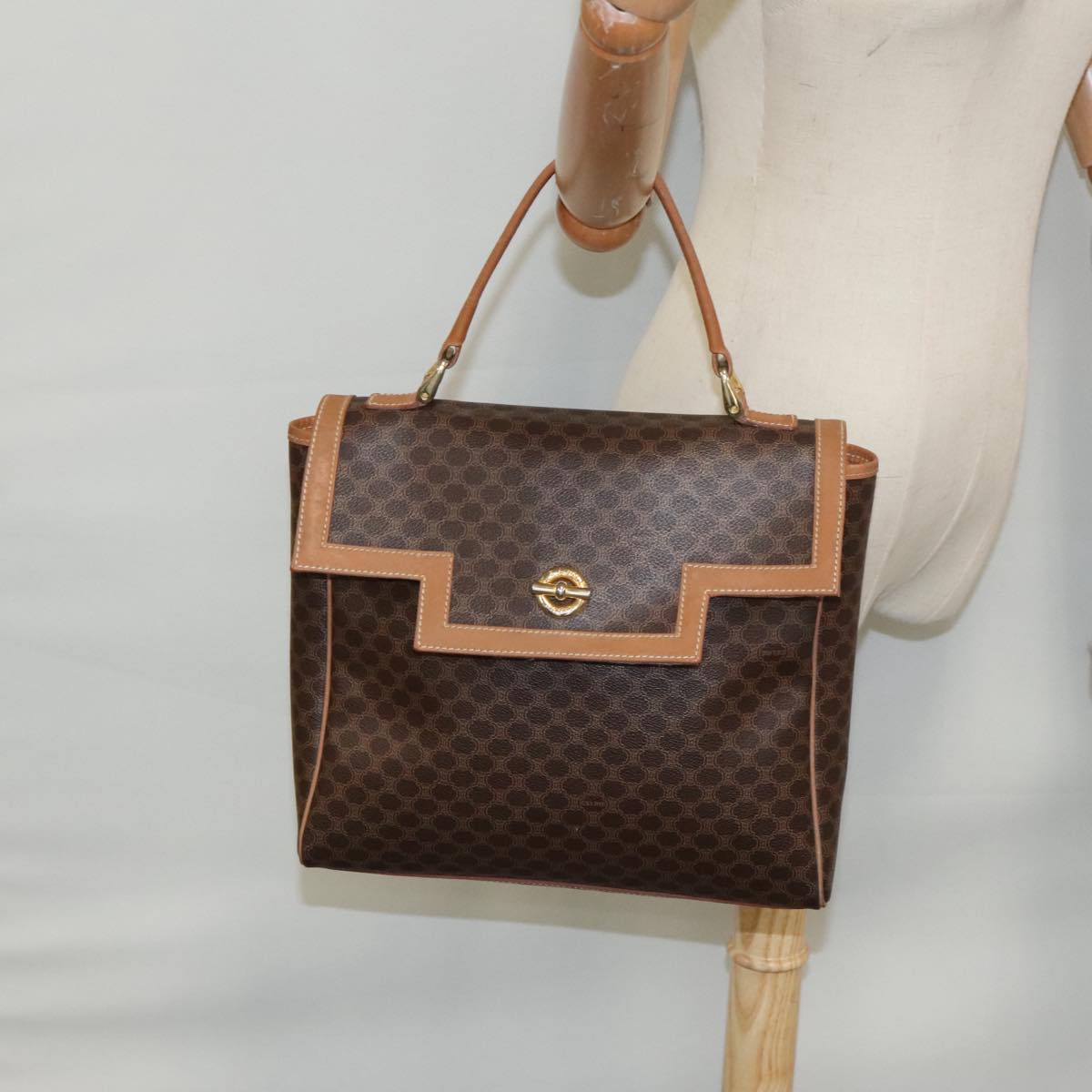 CELINE Macadam Canvas Tote Bag PVC Leather Brown Gold Auth mr600