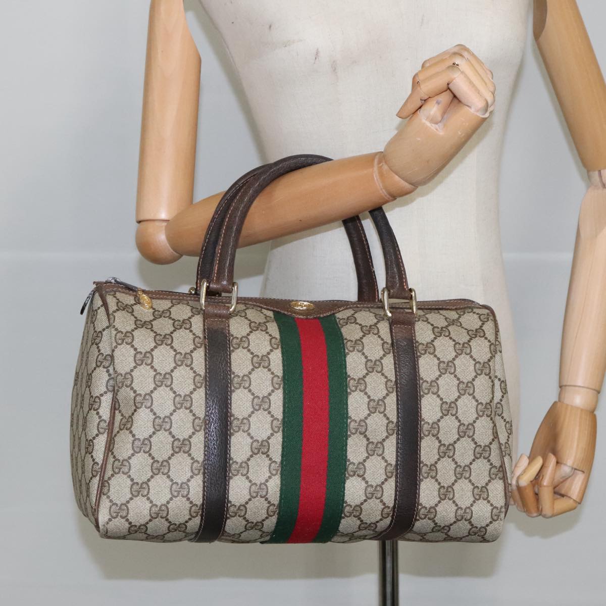 GUCCI GG Supreme Web Sherry Line Boston Bag PVC Beige Red Green Auth mr633