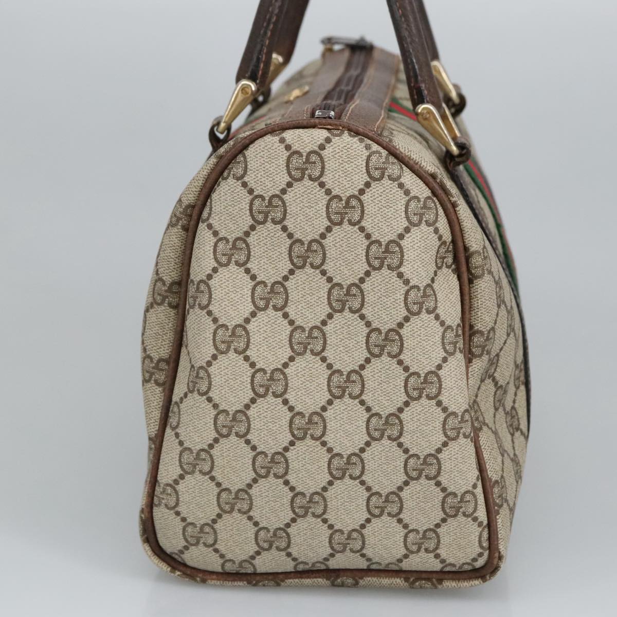 GUCCI GG Supreme Web Sherry Line Boston Bag PVC Beige Red Green Auth mr633