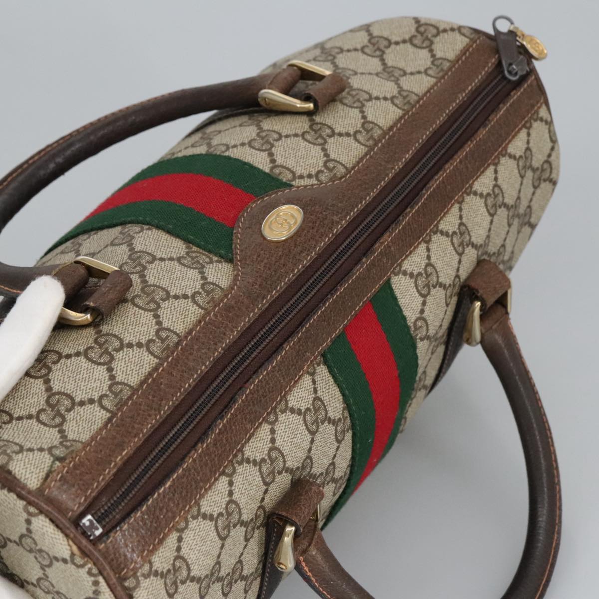 GUCCI GG Supreme Web Sherry Line Boston Bag PVC Beige Red Green Auth mr633