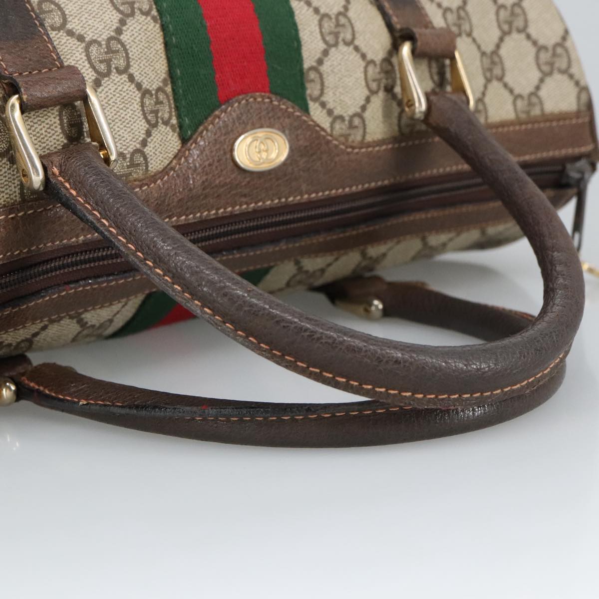 GUCCI GG Supreme Web Sherry Line Boston Bag PVC Beige Red Green Auth mr633