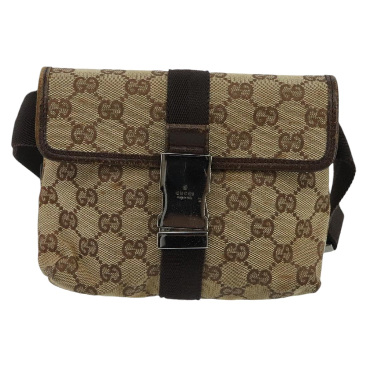 GUCCI GG Canvas Waist bag Beige Silver Auth mr648